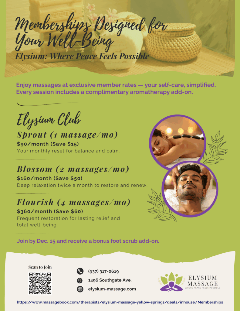 massage memberships in yellow springs with elysium massage flyer
